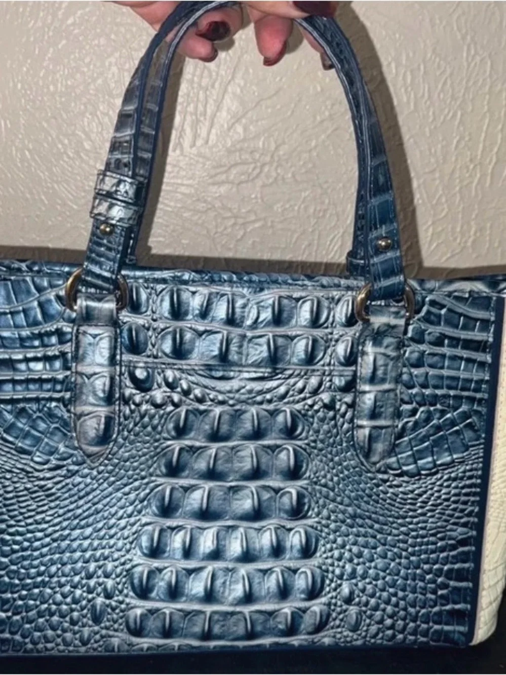 Brahmin Navy Croc-Embossed Leather Tote with Gold Charm